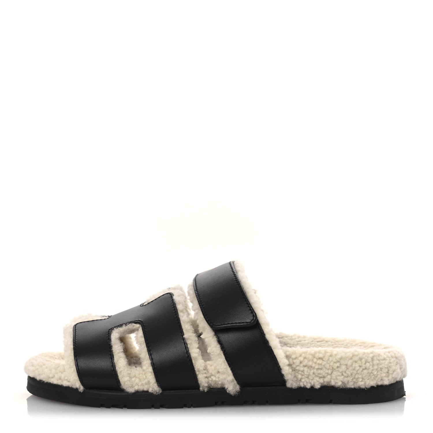 Hermes Calfskin Woolskin Womens Chypre Sandals 38 Black Ecru 1 of 11