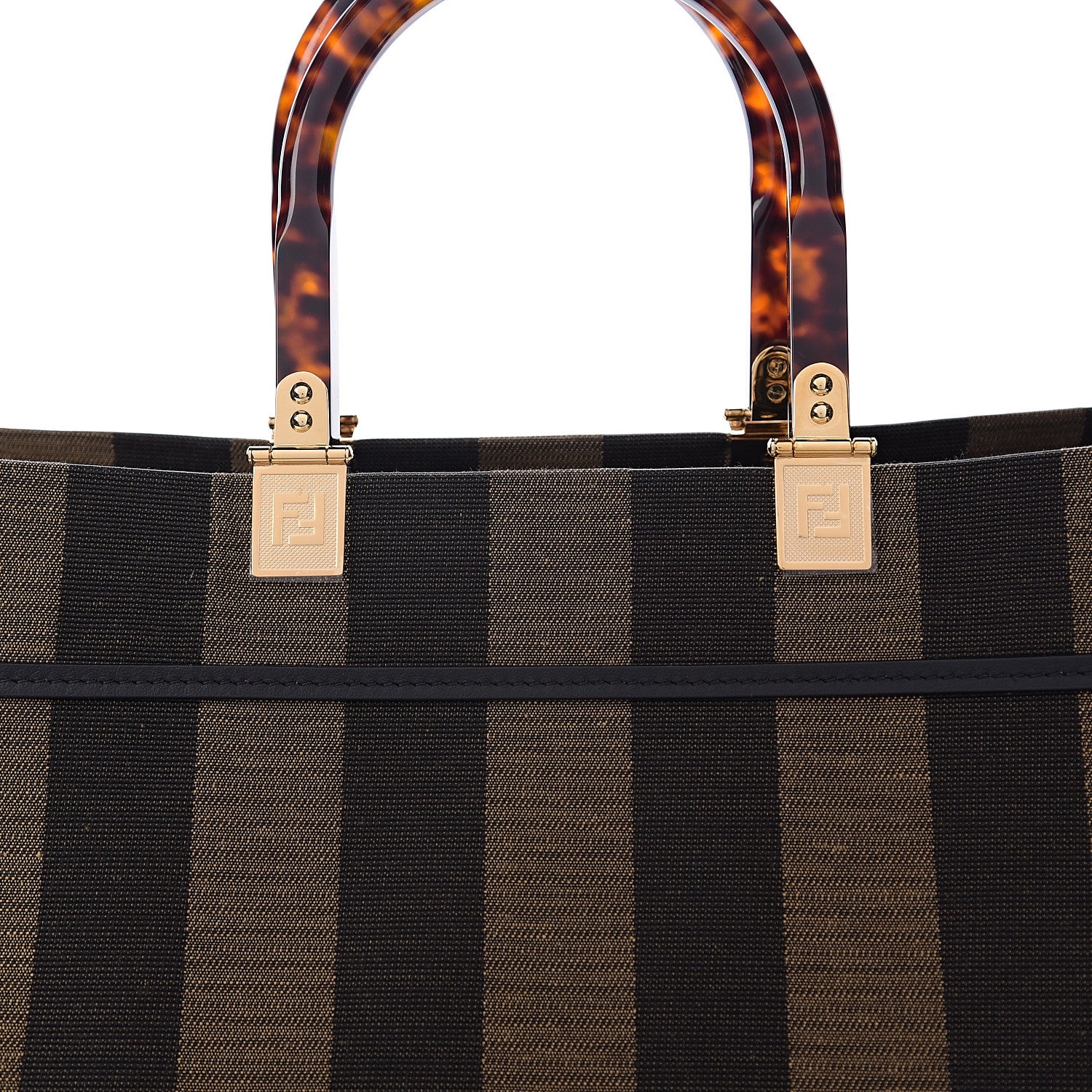Fendi Fabric Jacquard Vitello Seta Plexiglass Pequin Gingham Large Fendi Sunshine Shopper Tote Tobacco Moro Black 8 of 11