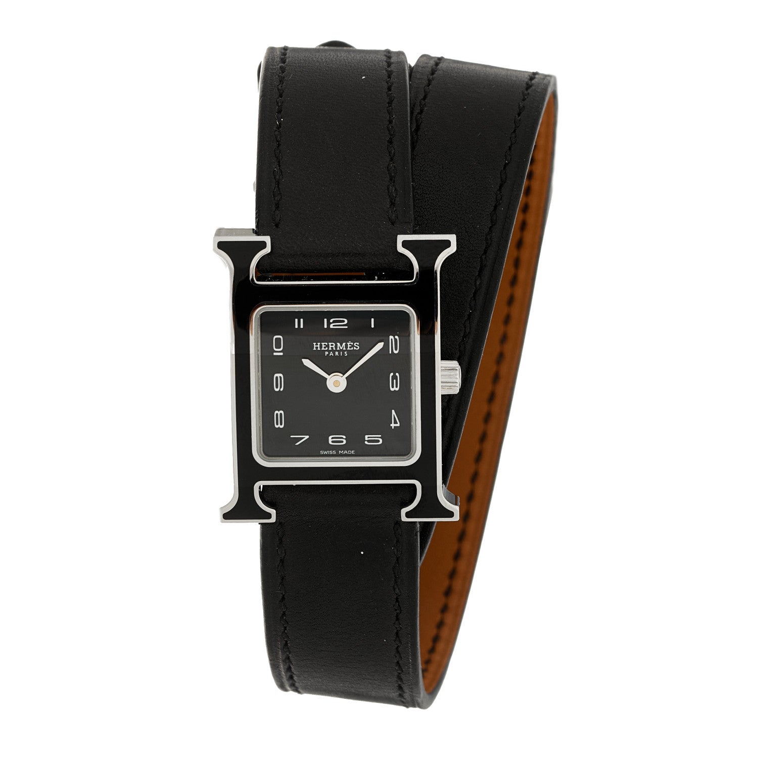 Hermes Stainless Steel Barenia Lacquer 21mm Heure H Hour Double Tour Quartz Watch Noir 1 of 5
