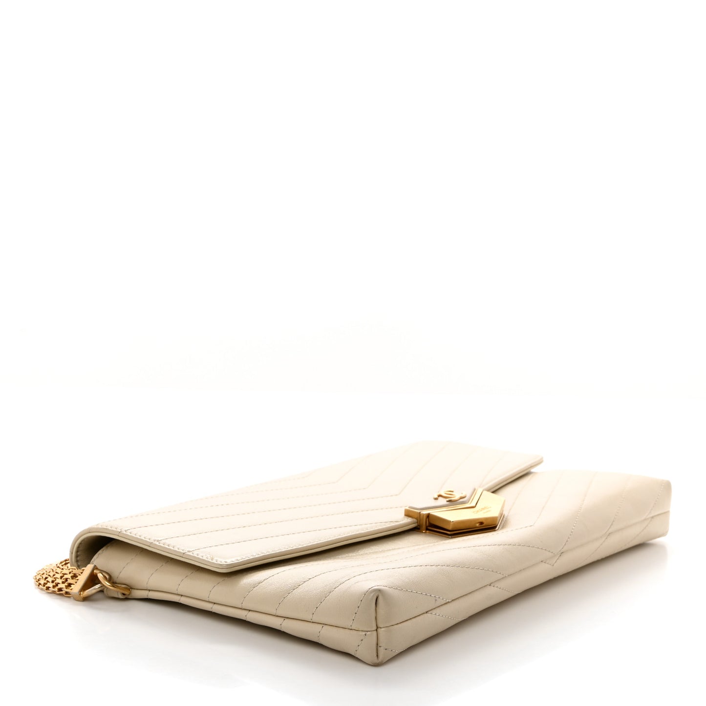 Calfskin Chevron Quilted Medal Flap Beige