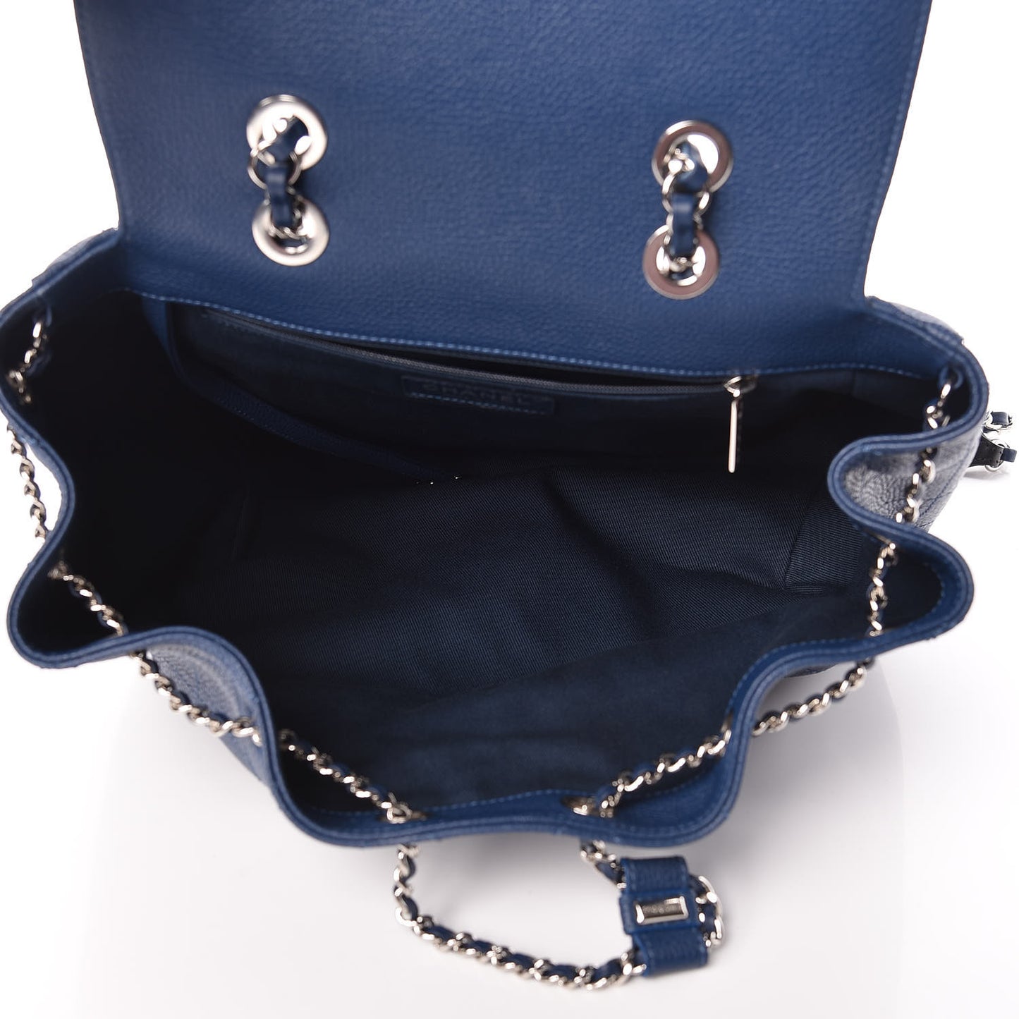 Grained Calfskin Stitched Flap Drawstring Backpack Blue Black