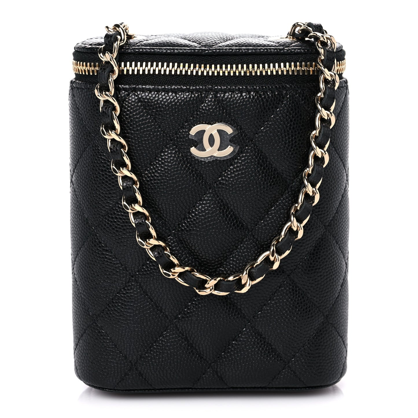 Caviar Quilted Small Vertical Coco Beauty Vanity Case With Chain Black