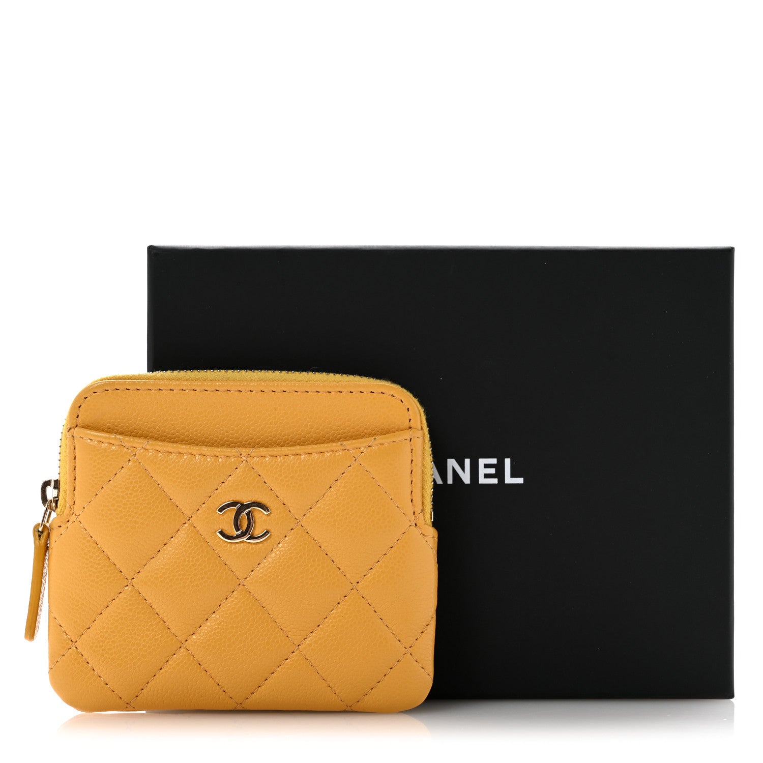 Chanel Caviar Quilted Zip Card Holder Wallet Yellow 11 of 11