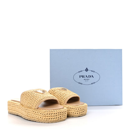 Prada Raffia Metal Triangle Logo Woven Flatform 35mm Slide Sandals 40 Naturale 2 of 9