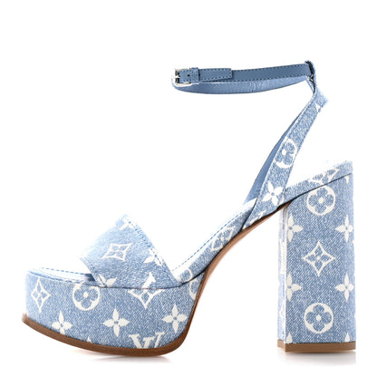 Louis Vuitton Monogram Jacquard Denim Platform Sandals 38.5 Blue 1 of 11