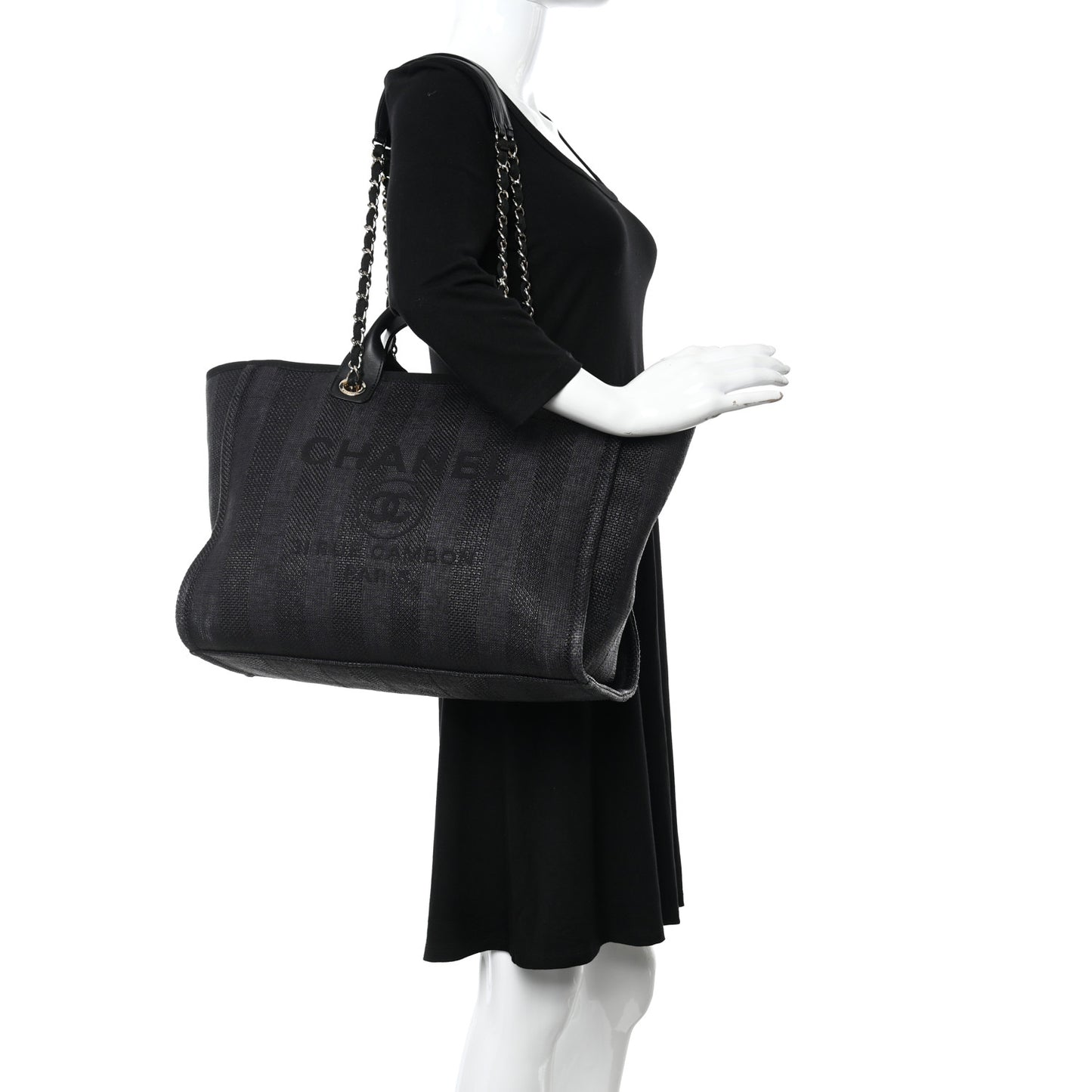 Mixed Fibers Calfskin Striped Medium Deauville Tote Black