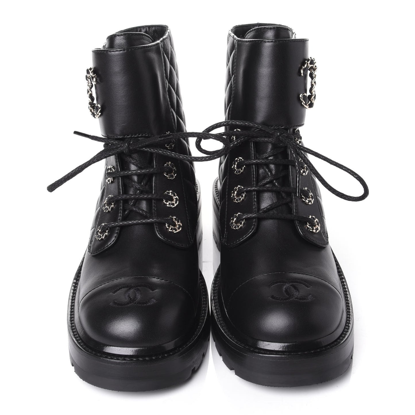 Shiny Lambskin Quilted Lace Up Combat Boots 39 Black