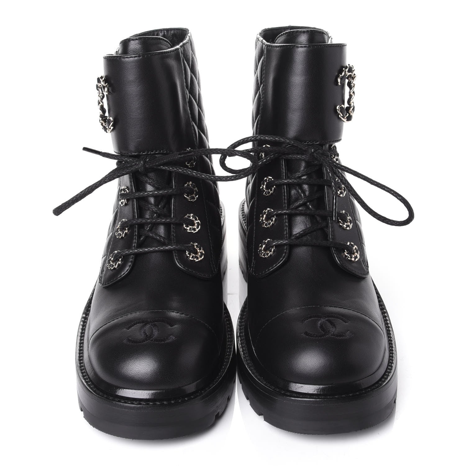 Chanel Shiny Lambskin Quilted Lace Up Combat Boots 39 Black 5 of 11