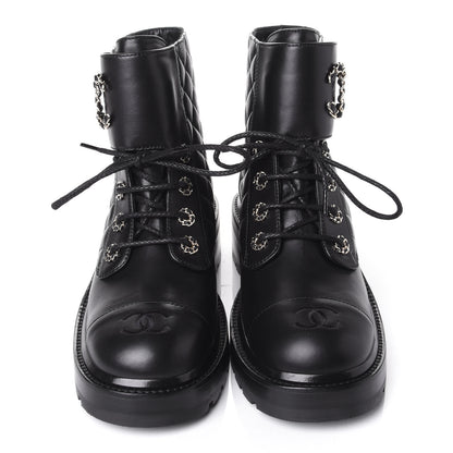 Chanel Shiny Lambskin Quilted Lace Up Combat Boots 39 Black 5 of 11