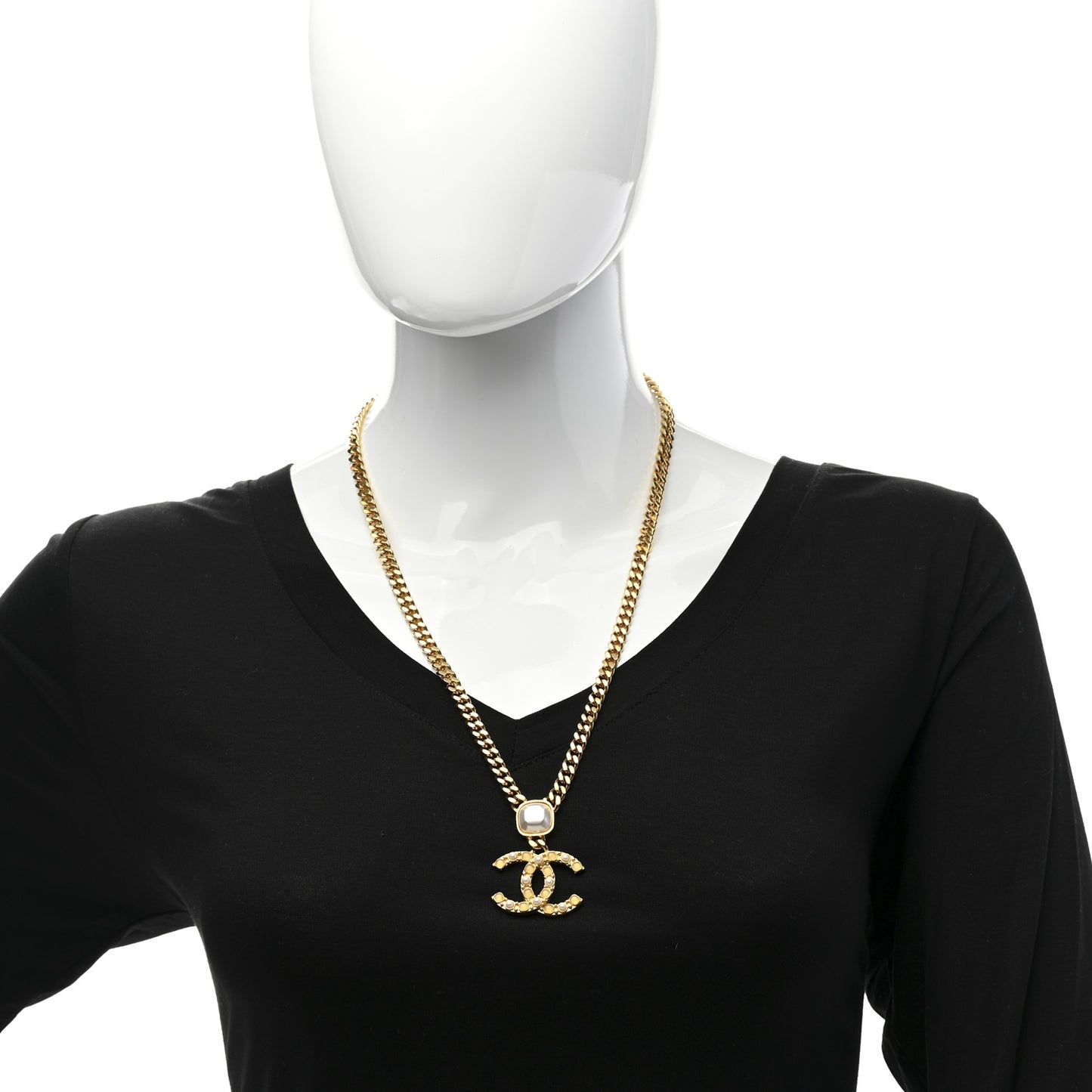 Metal Pearl CC Chain Pendant Necklace Gold