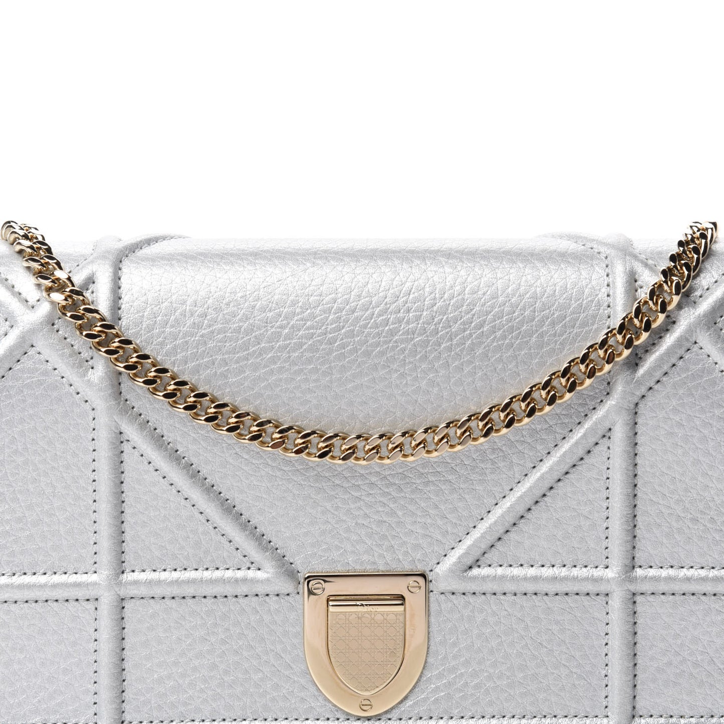 Metallic Grained Calfskin Diorama Wallet on Chain Pouch Silver
