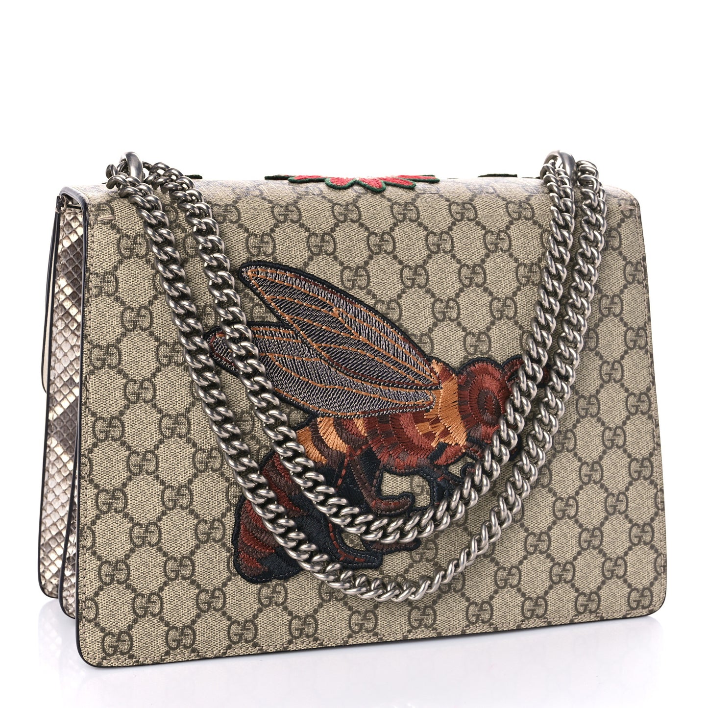 GG Supreme Monogram Snakeskin Flower Embroidered Medium Dionysus Shoulder Bag Beige Orange