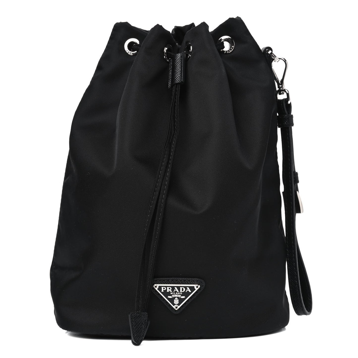 Saffiano Tessuto Nylon Vela Bucket Wristlet Black