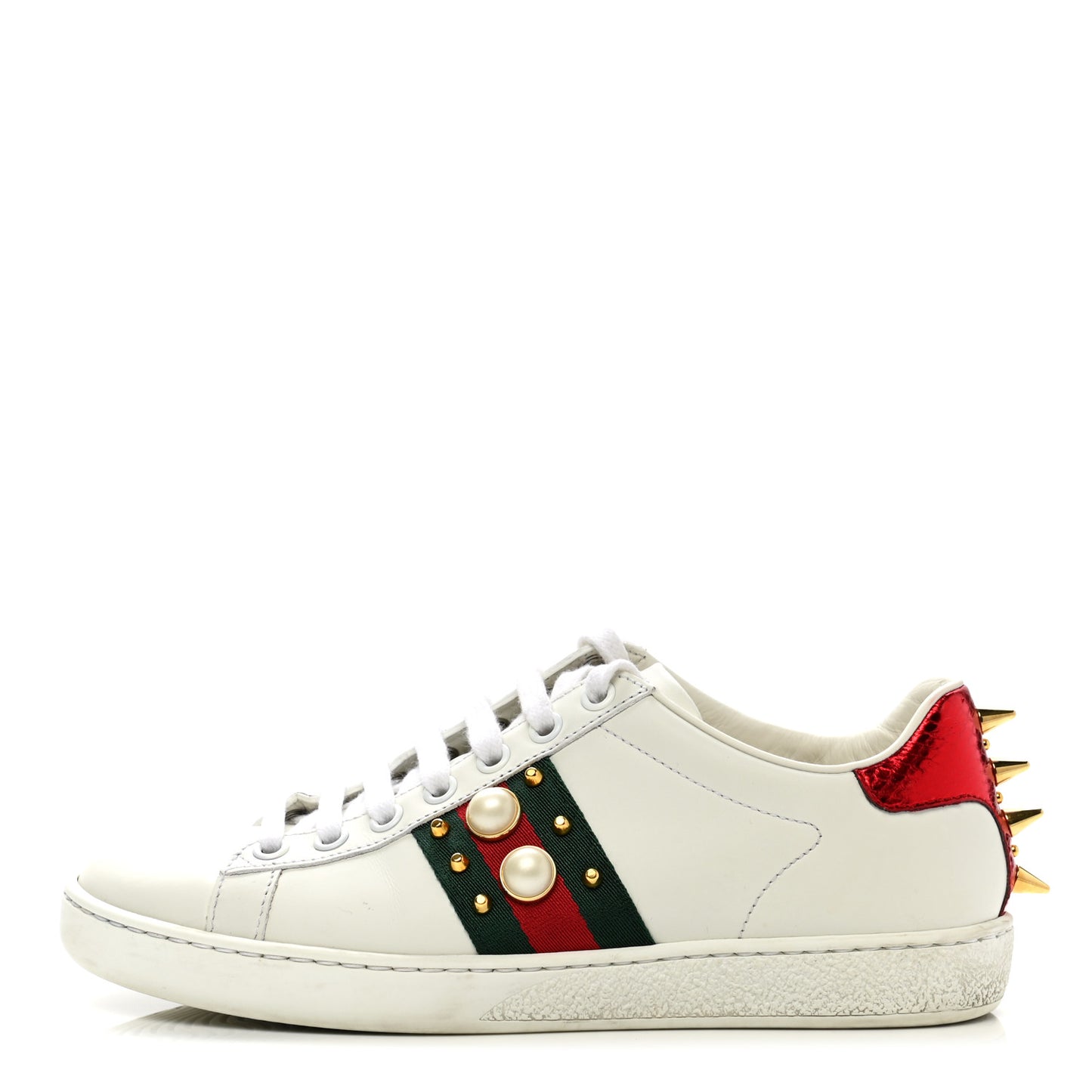 Calfskin Web Pearl Studded Womens Ace Sneakers 35 White