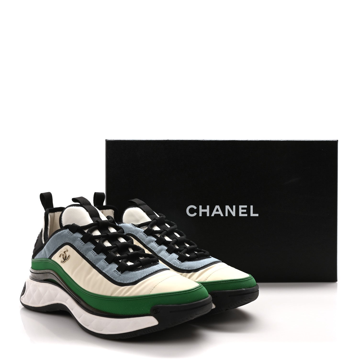 Chanel Suede Calfskin Mixed Fibers CC Sneakers 44 Ivory Green Light Blue 9 of 9