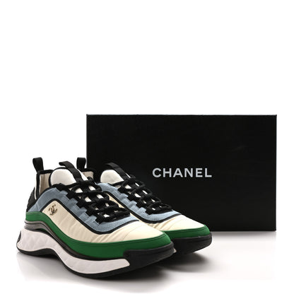Chanel Suede Calfskin Mixed Fibers CC Sneakers 44 Ivory Green Light Blue 9 of 9