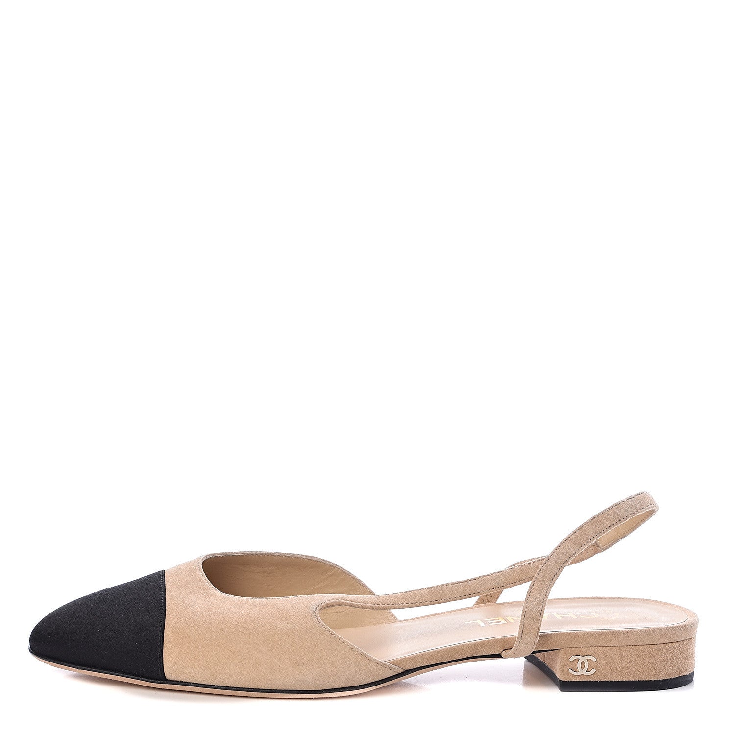 Chanel Kid Suede Satin Cap Toe CC Slingback Pumps 40.5 Beige Black 1 of 9