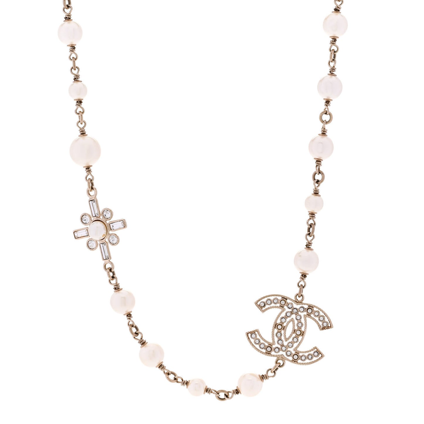 Crystal Baguette Pearl CC Cross Short Necklace Gold