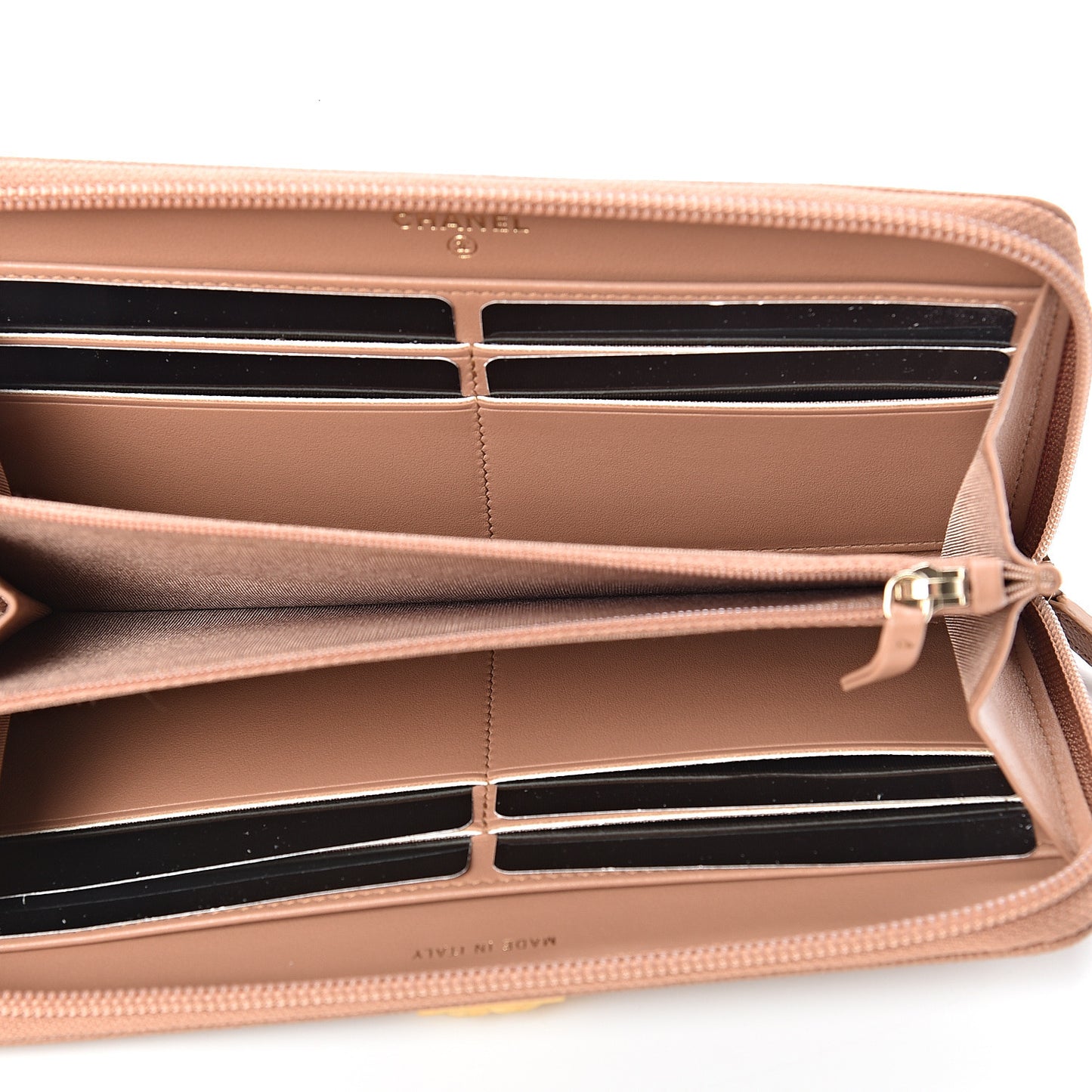 Caviar Chevron Quilted Zip Around Boy Wallet Light Brown