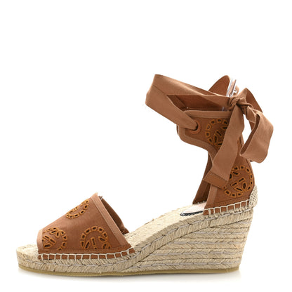 Gucci Canvas Damita GG Eyelet Espadrille Wedge Sandals 37.5 Blondie Cognac 1 of 10
