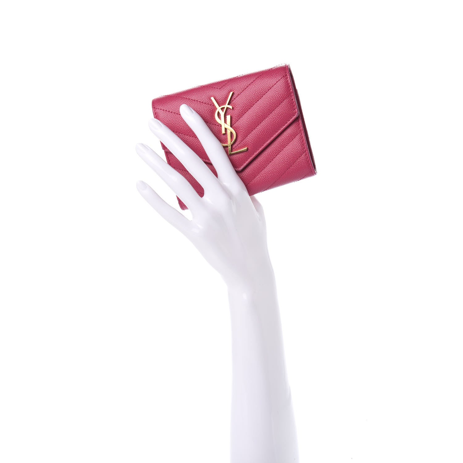 Saint Laurent Grain De Poudre Matelasse Chevron Monogram Compact Tri Fold Wallet Bright Pink 2 of 9
