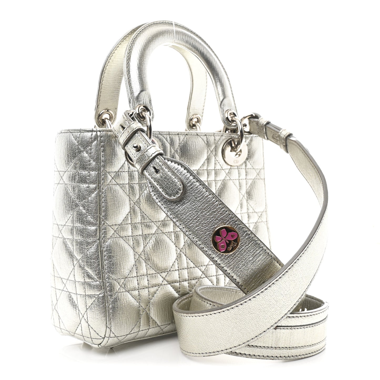 Metallic Grained Calfskin Cannage Small Lucky Badges My Lady Dior Silver
