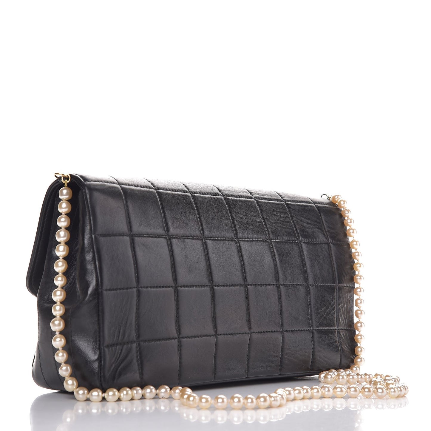 Lambskin Chocolate Bar Pearl Chain Flap Black
