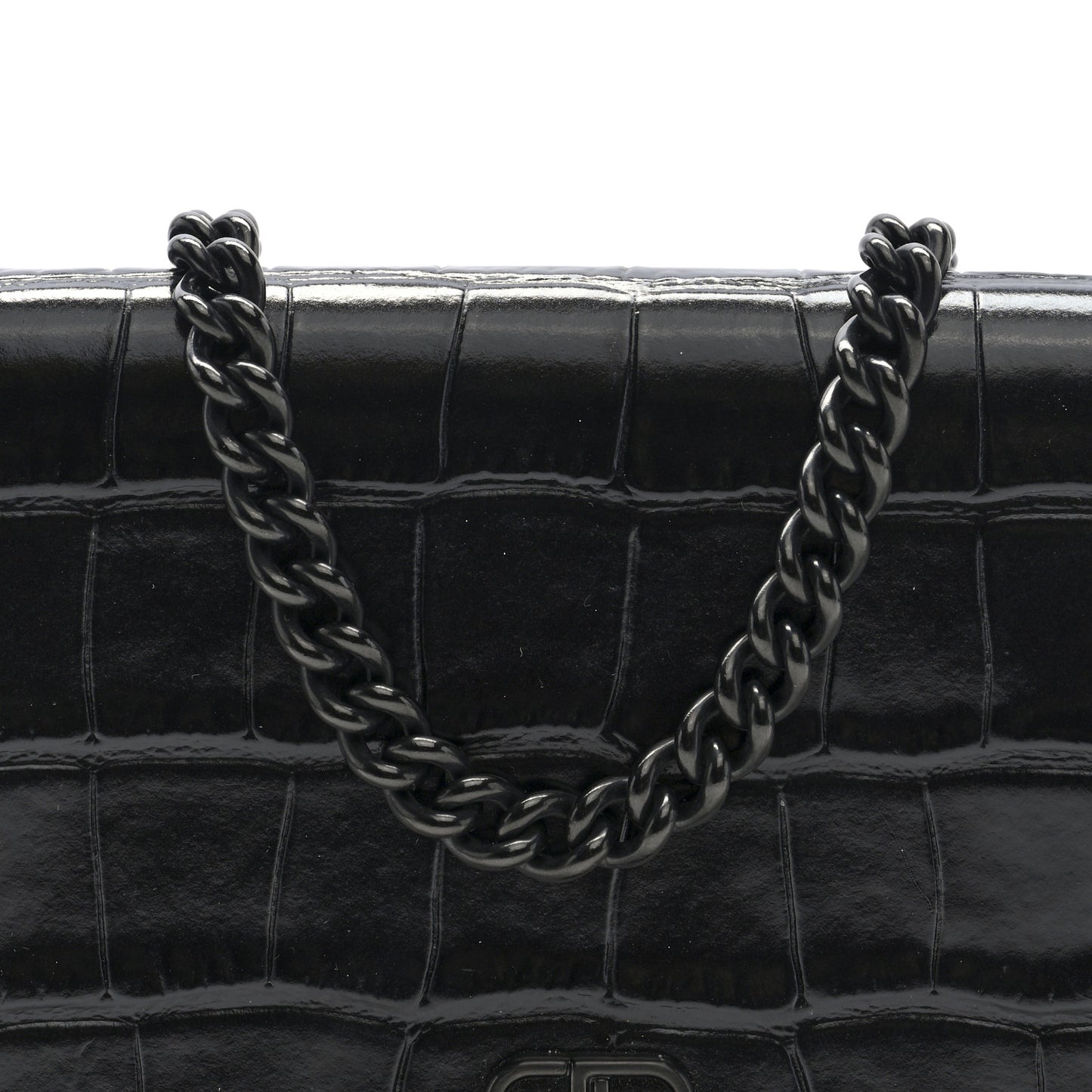 Shiny Calfskin Crocodile Embossed BB Phone Holder Wallet On Chain Black
