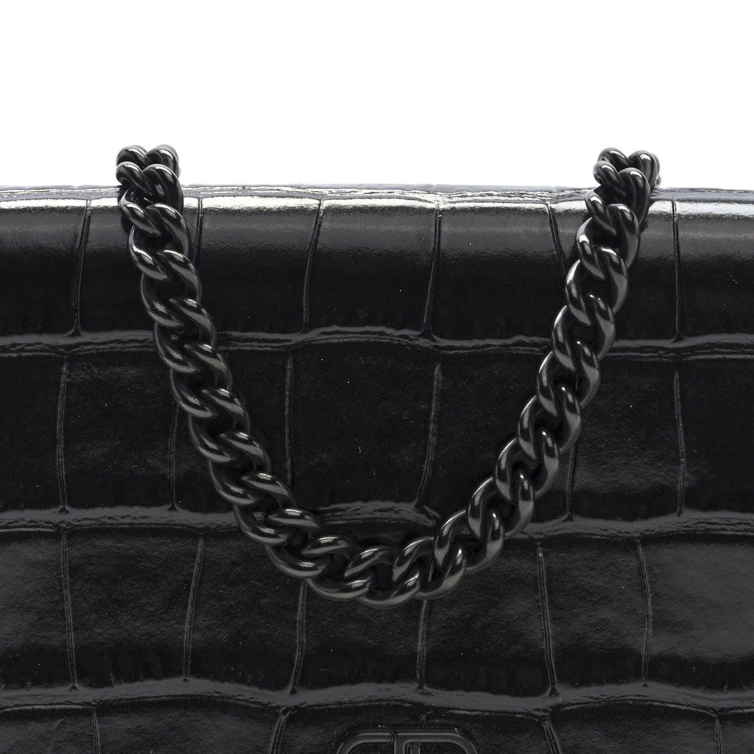 Balenciaga Shiny Calfskin Crocodile Embossed BB Phone Holder Wallet On Chain Black 7 of 10