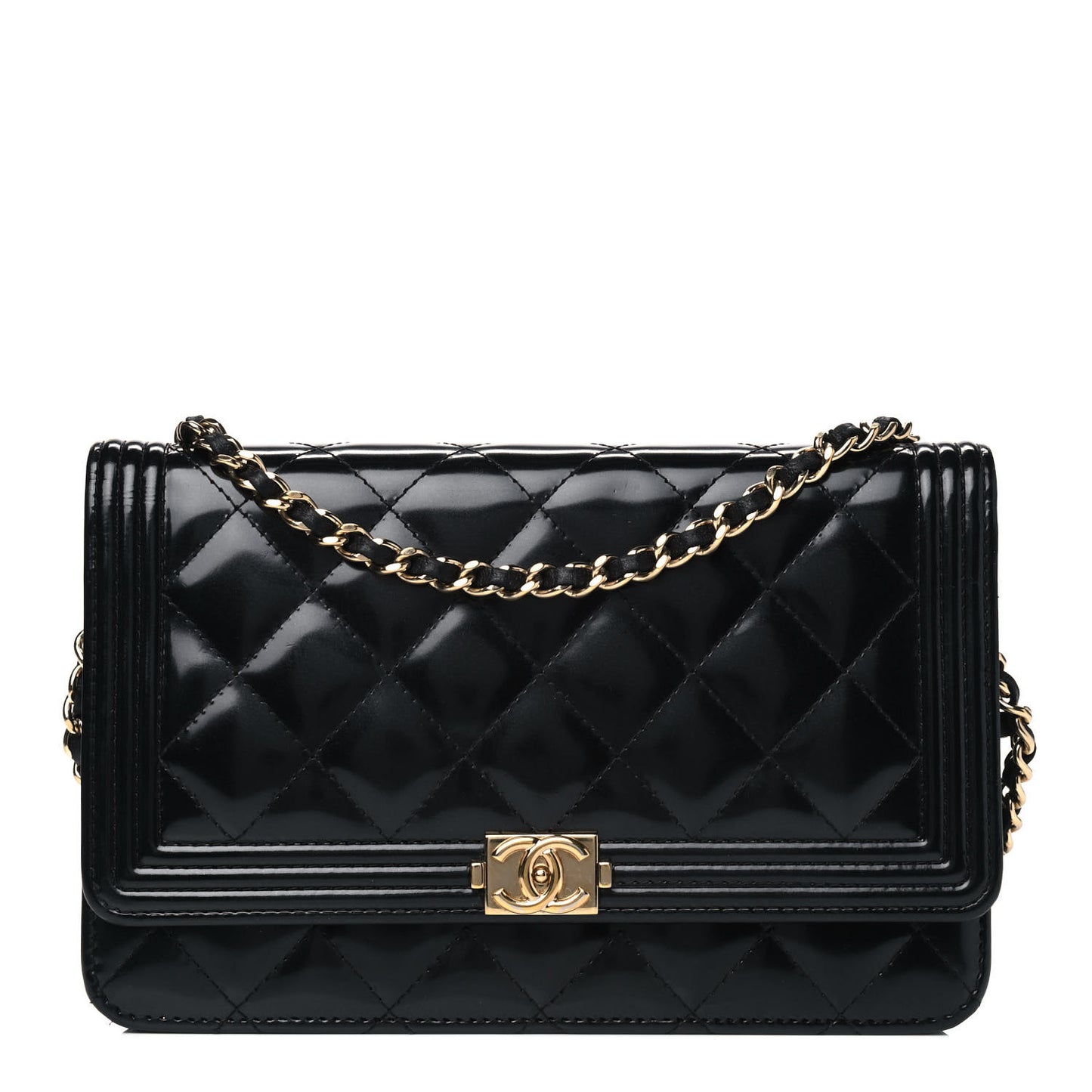 Patent Calfskin Quilted Boy Wallet On Chain WOC Black