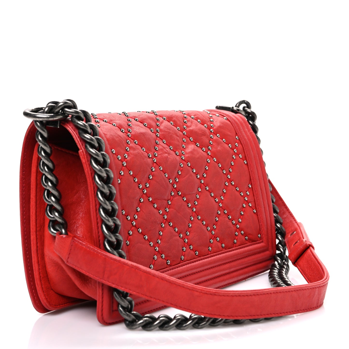 Crumpled Lambskin Small Studded Boy Flap Red