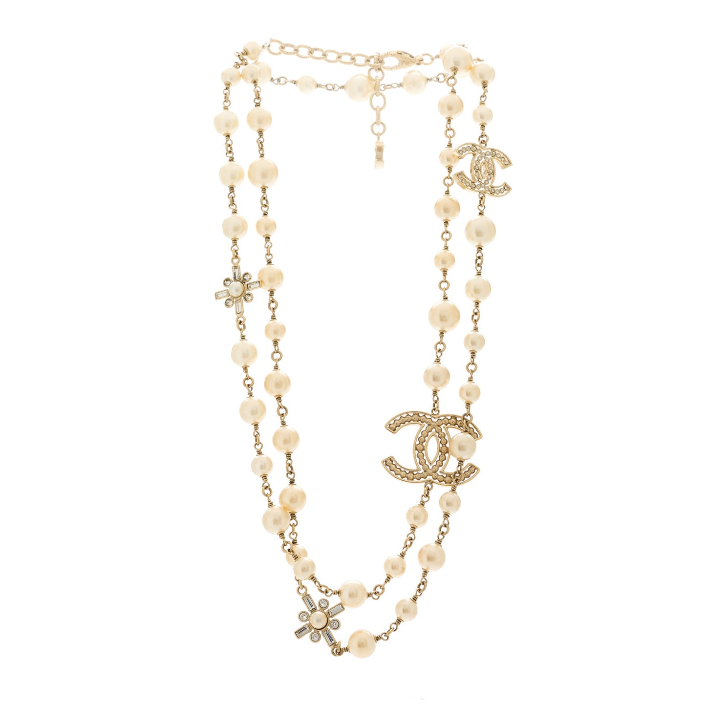 Crystal Baguette Pearl CC Cross Necklace Gold