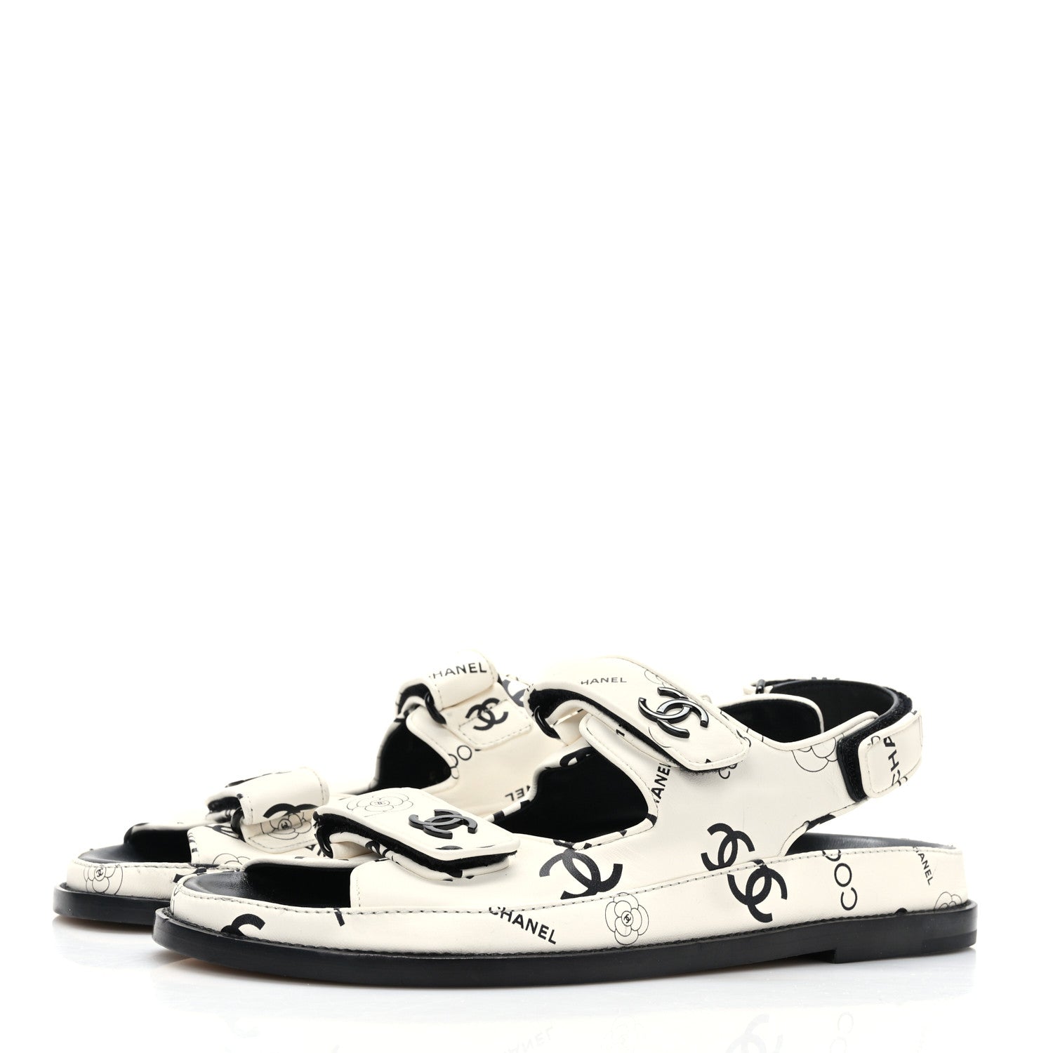 Chanel Lambskin Printed CC Velcro Dad Sandals 40 White Black 3 of 8