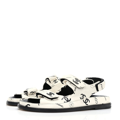 Chanel Lambskin Printed CC Velcro Dad Sandals 40 White Black 3 of 8