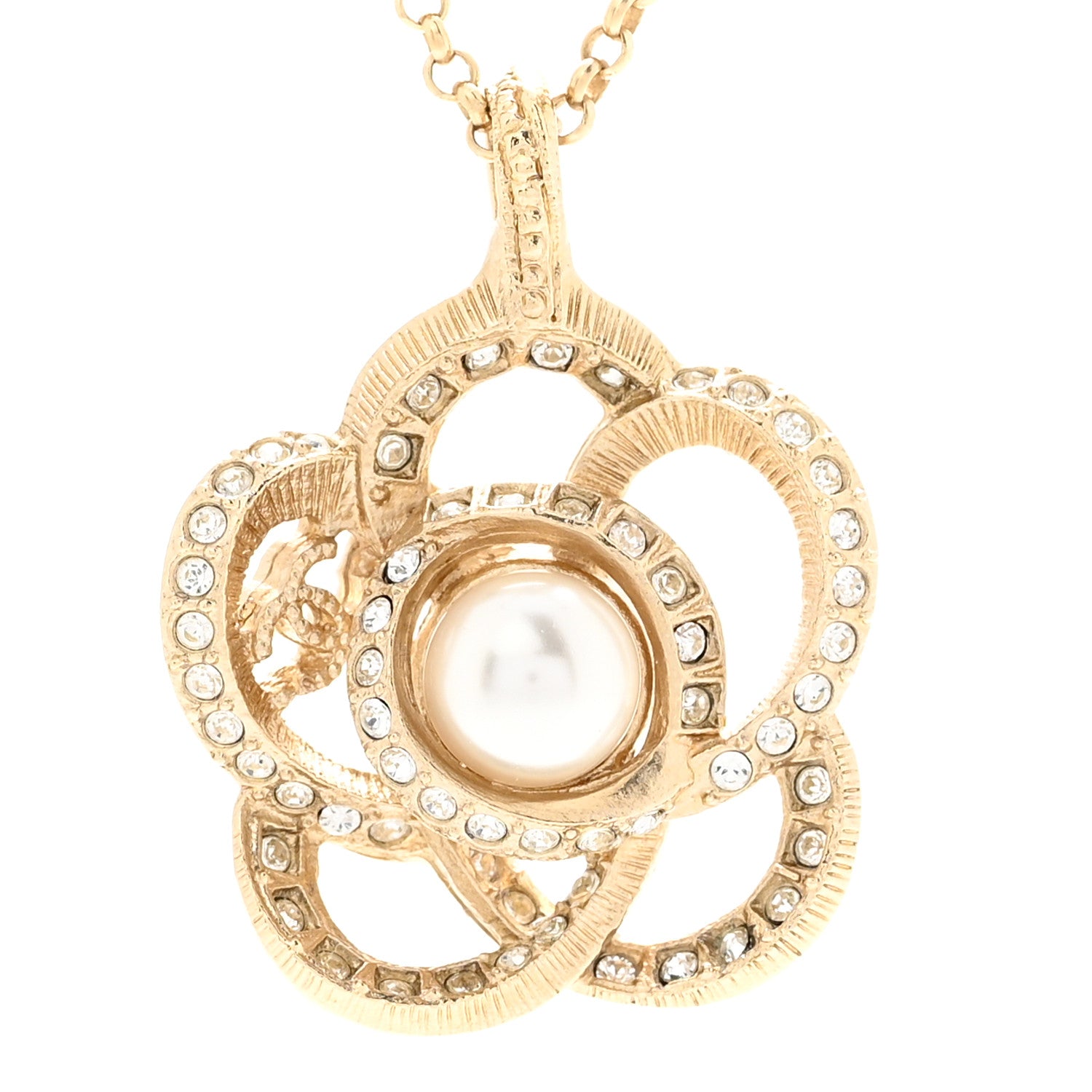 Chanel Crystal Pearl Camellia Necklace Gold 4 of 7