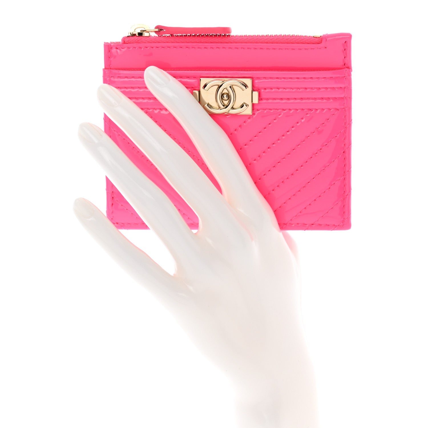 Chanel Patent Chevron Quilted Boy Zip Card Holder Neon Pink 2 of 8