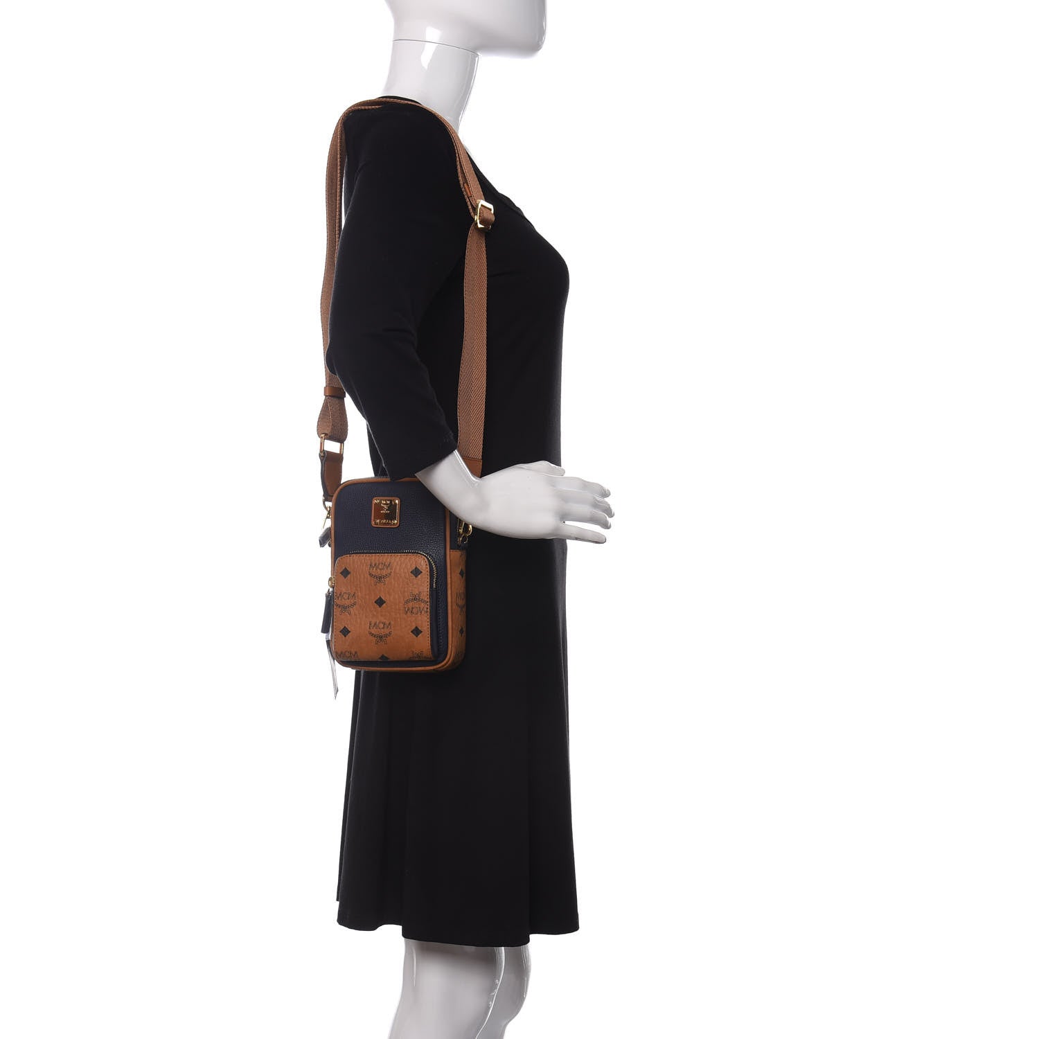 MCM Visetos Grained Calfskin Tech Crossbody Cognac Navy 2 of 8