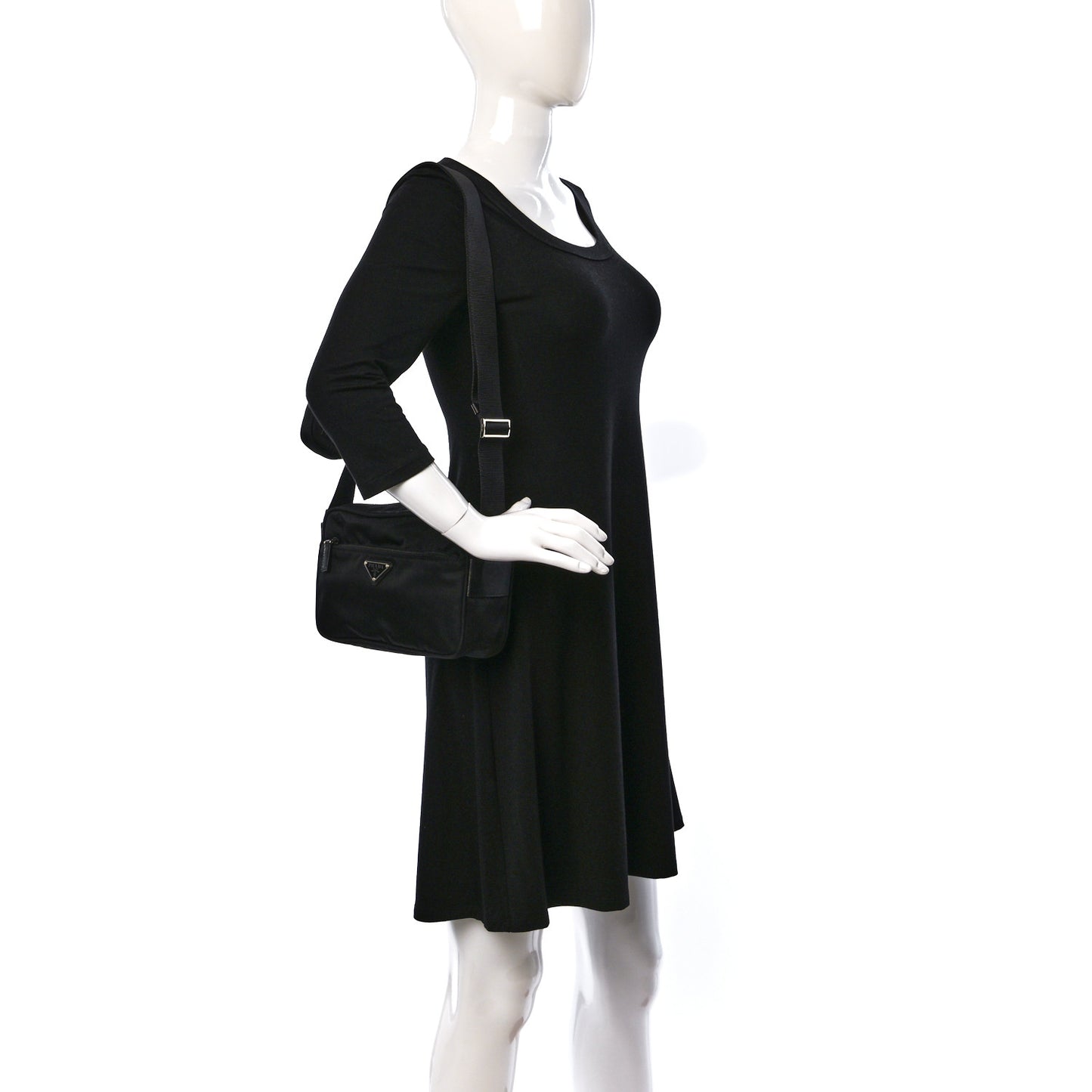 Re-Nylon Vela Saffiano Pocket Double Zip Shoulder Bag Black