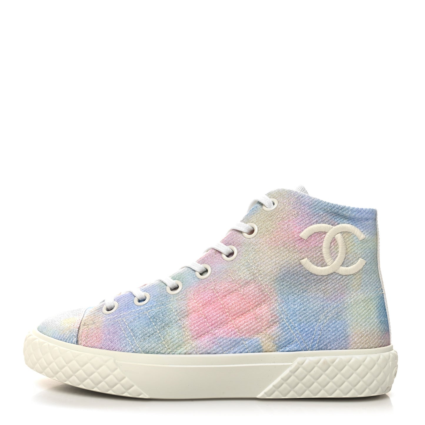 Printed Fabric Quilted High Top CC Sneakers 37 Green Pink Blue White