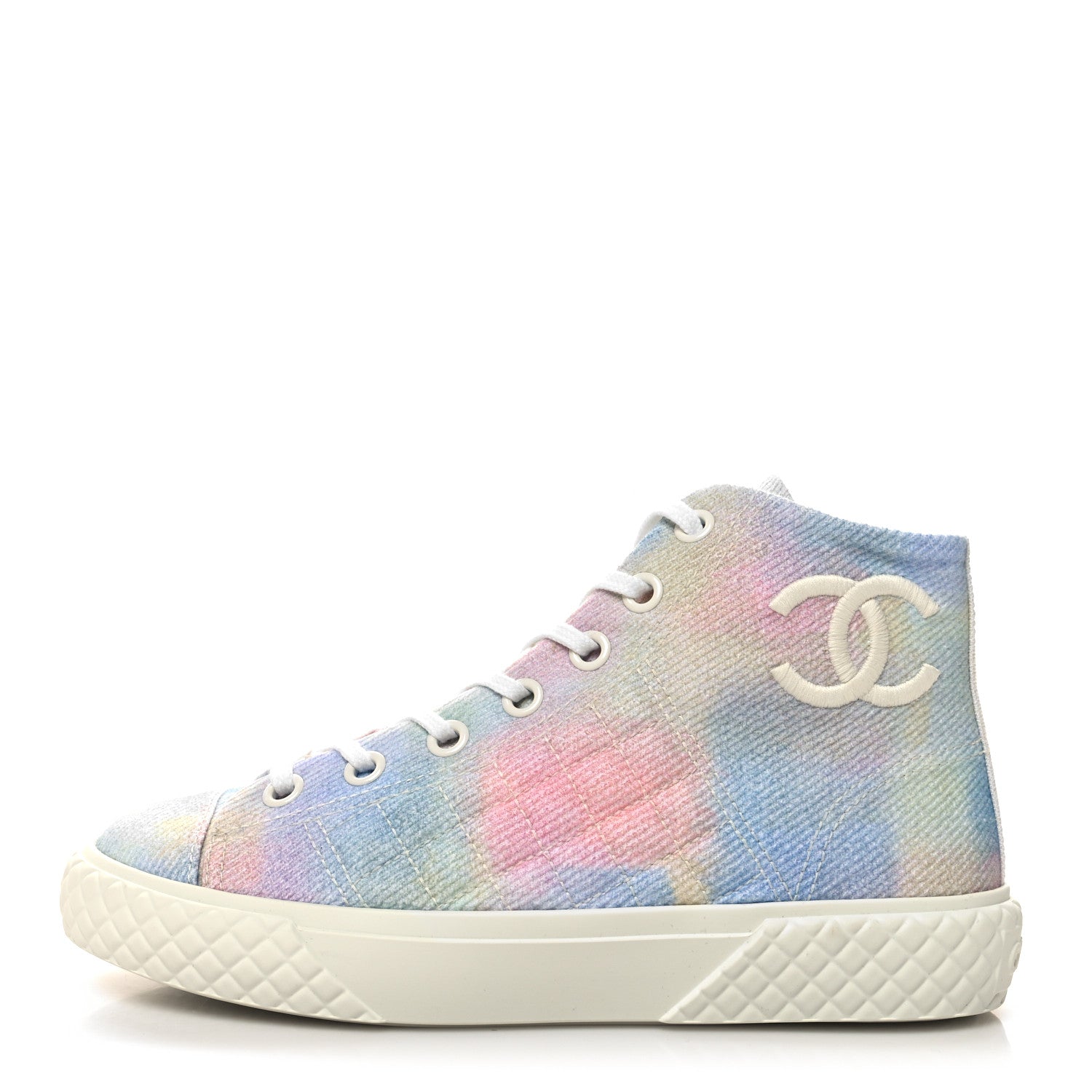 Chanel Printed Fabric Quilted High Top CC Sneakers 37 Green Pink Blue White 1 of 9