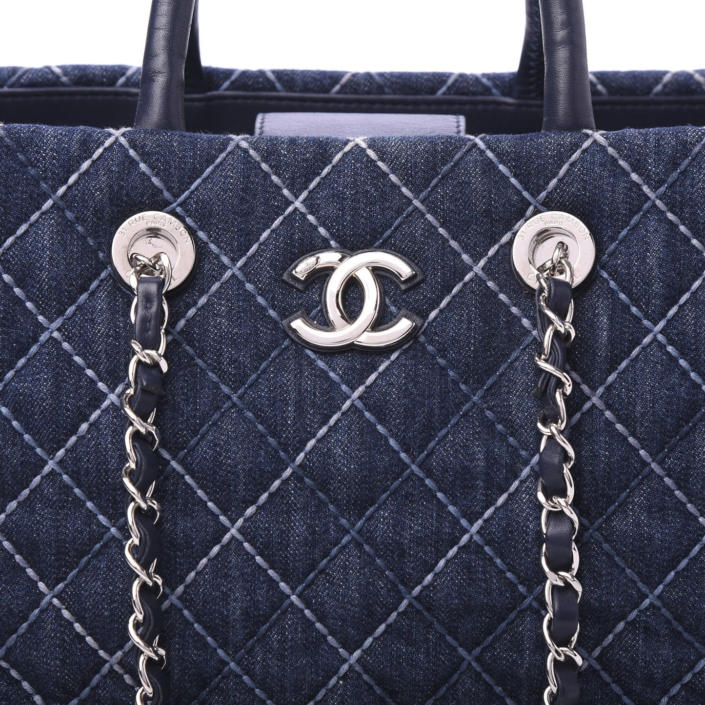 Denim Quilted Medium Coco Handle Shopping Tote Blue