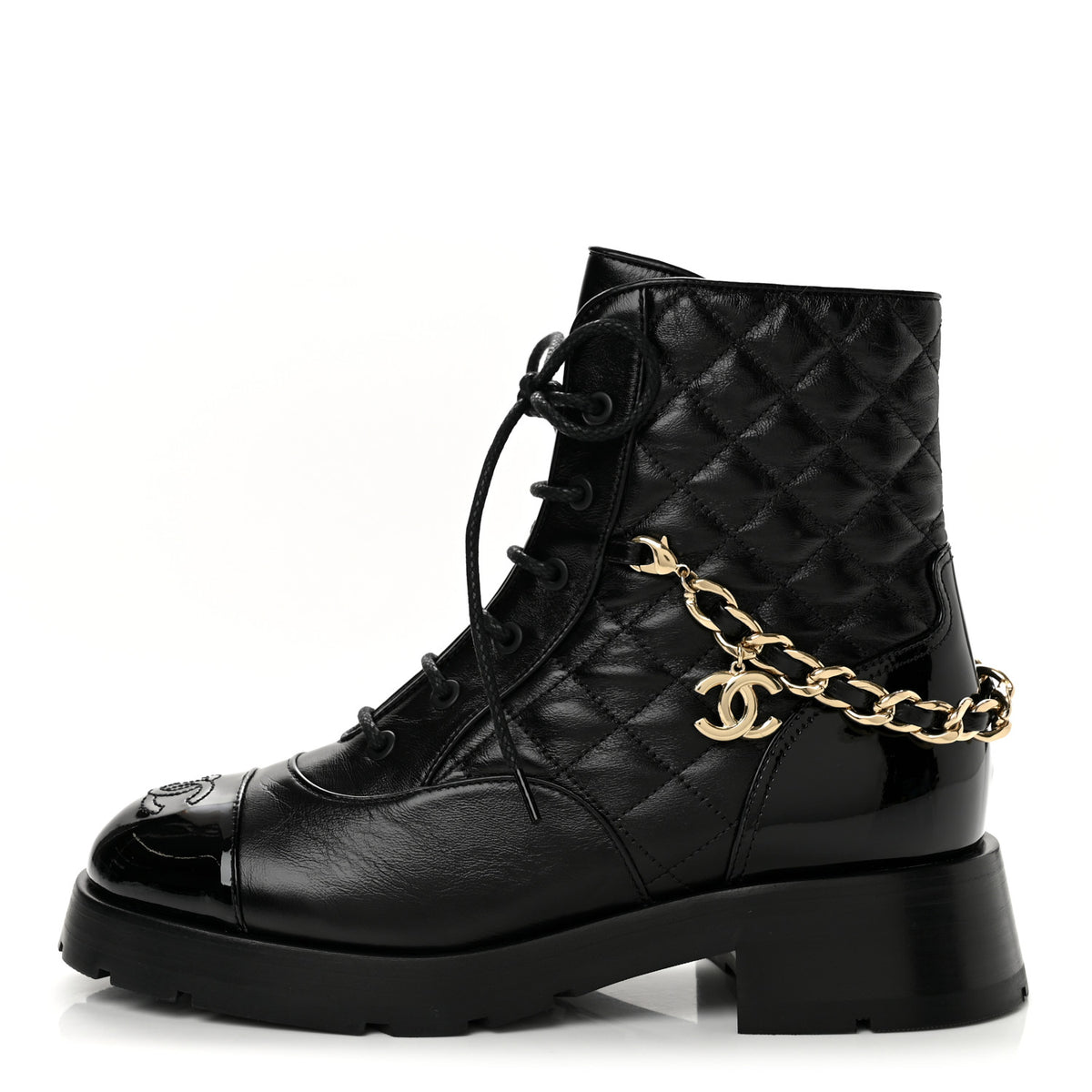 Shiny Calfskin Patent Quilted Chain Lace Up Combat Boots 39 Black