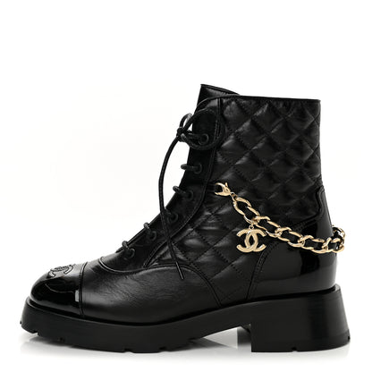 Chanel Shiny Calfskin Patent Quilted Chain Lace Up Combat Boots 39 Black 1 of 9