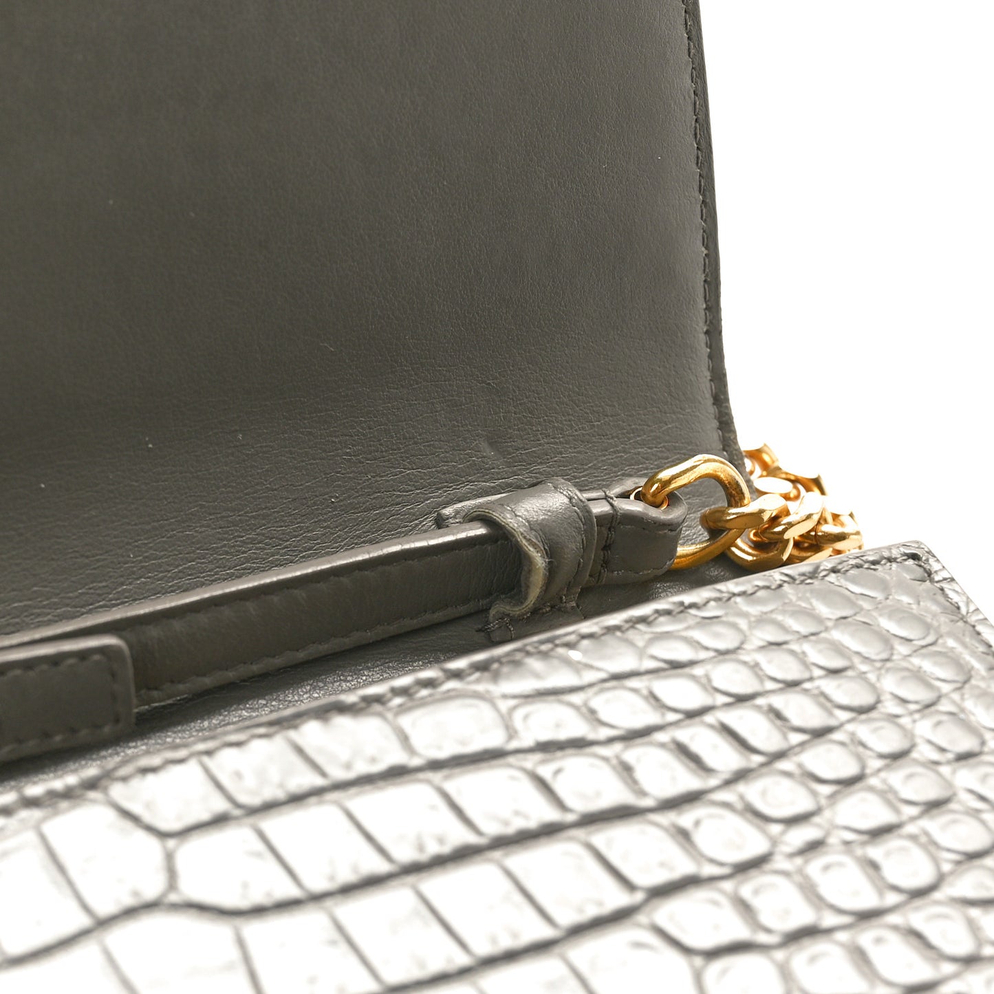 Calfskin Crocodile Embossed Monogram Chain Wallet Fog