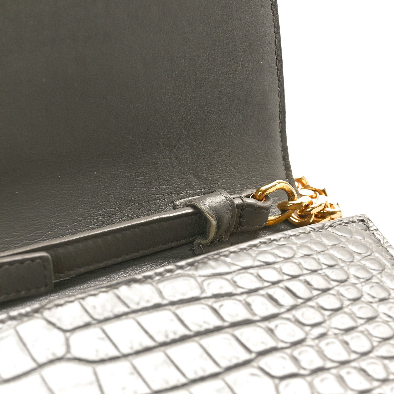 Saint Laurent Calfskin Crocodile Embossed Monogram Chain Wallet Fog 11 of 11