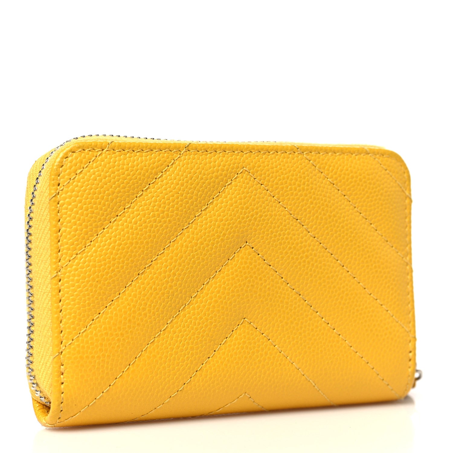 Chanel Caviar Chevron Quilted Zip Coin Purse Yellow 3 of 9