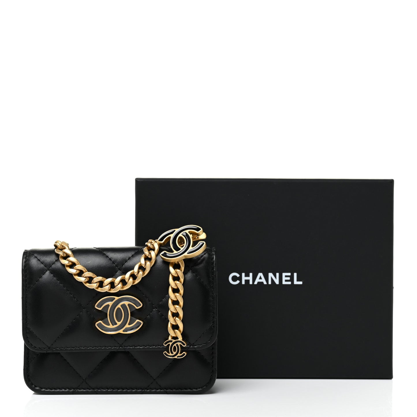 Lambskin Enamel Quilted Pending CC Flap Belt Bag Black