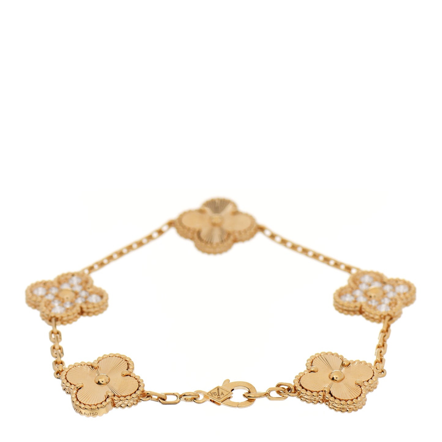 18K Yellow Gold Diamond 5 Motifs Guilloche Vintage Alhambra Bracelet