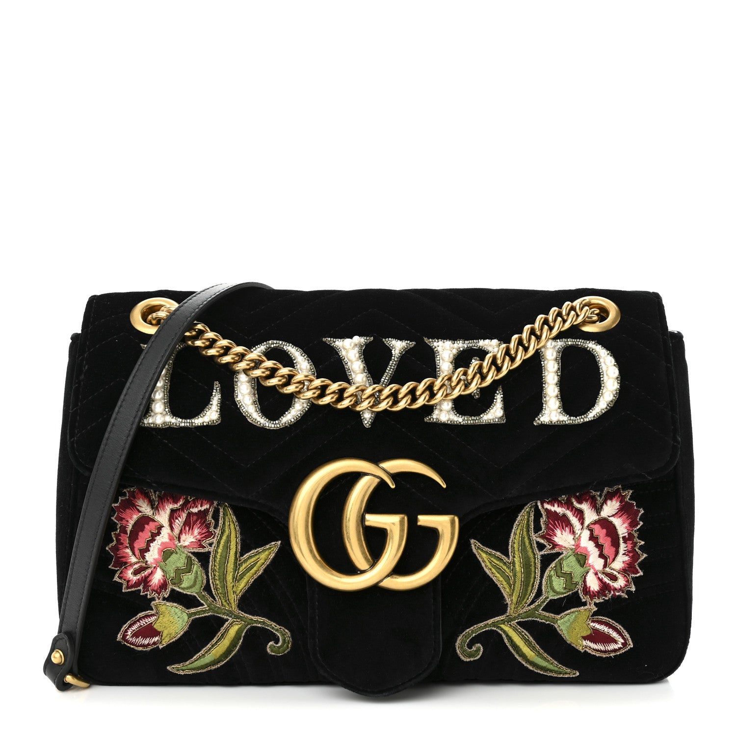Gucci Velvet Matelasse Loved Embroidered Medium GG Marmont Shoulder Bag Black 1 of 11