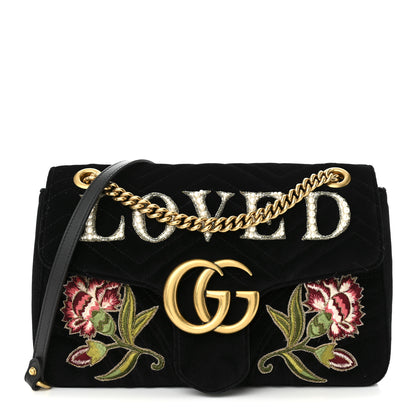 Gucci Velvet Matelasse Loved Embroidered Medium GG Marmont Shoulder Bag Black 1 of 11